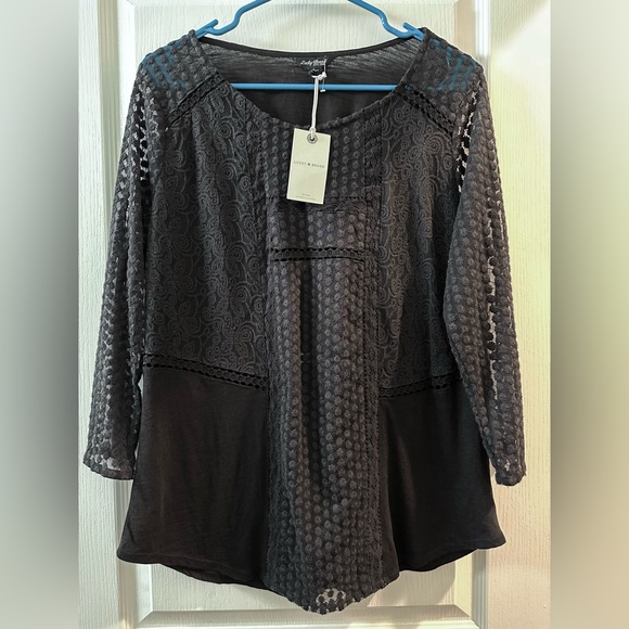 NWT Lucky Brand 3/4 Sleeve Semi Sheer Mixed Motif Embroidered Black Lace Top - Picture 2 of 7